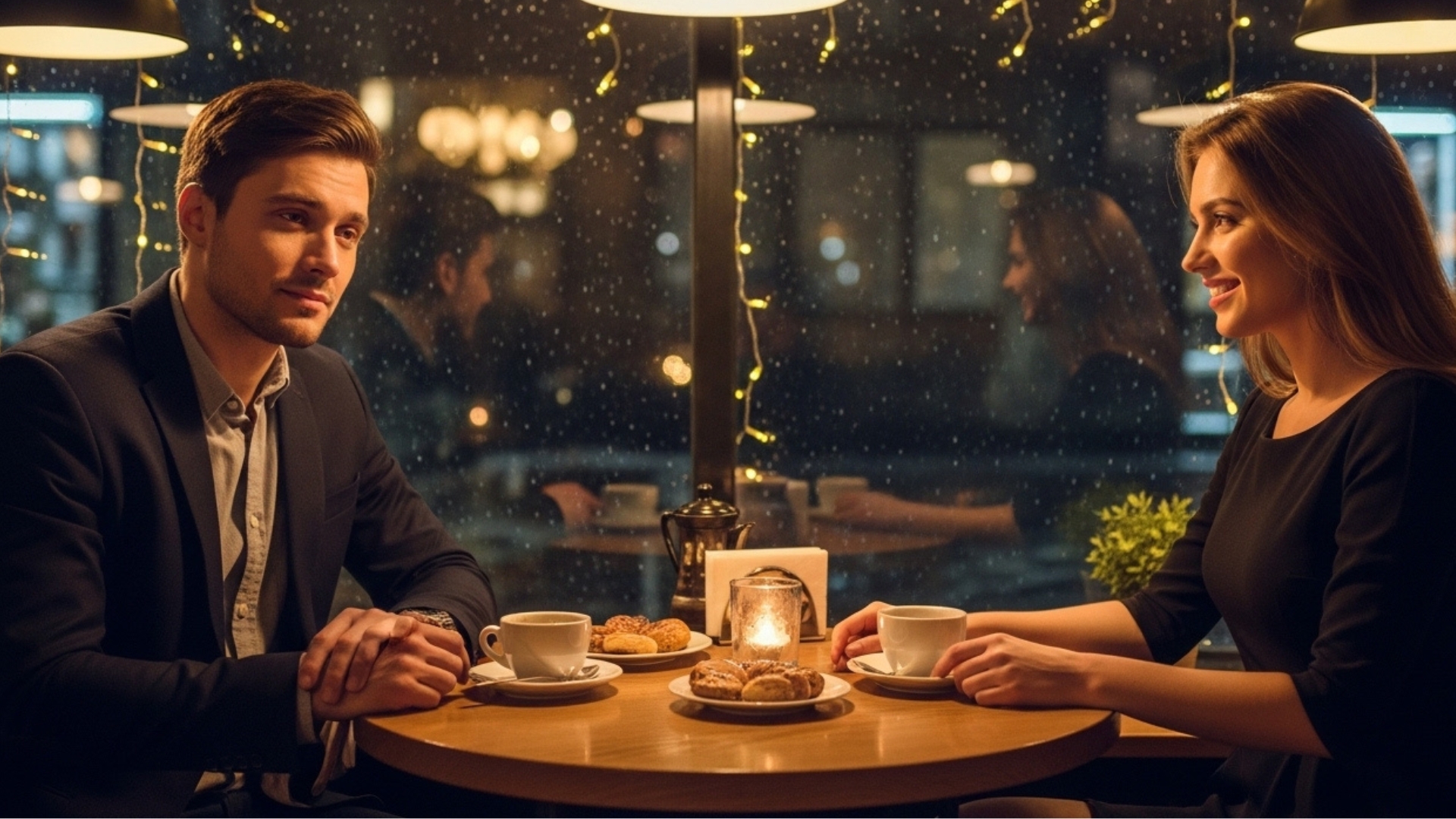 Couple on a first date at a café