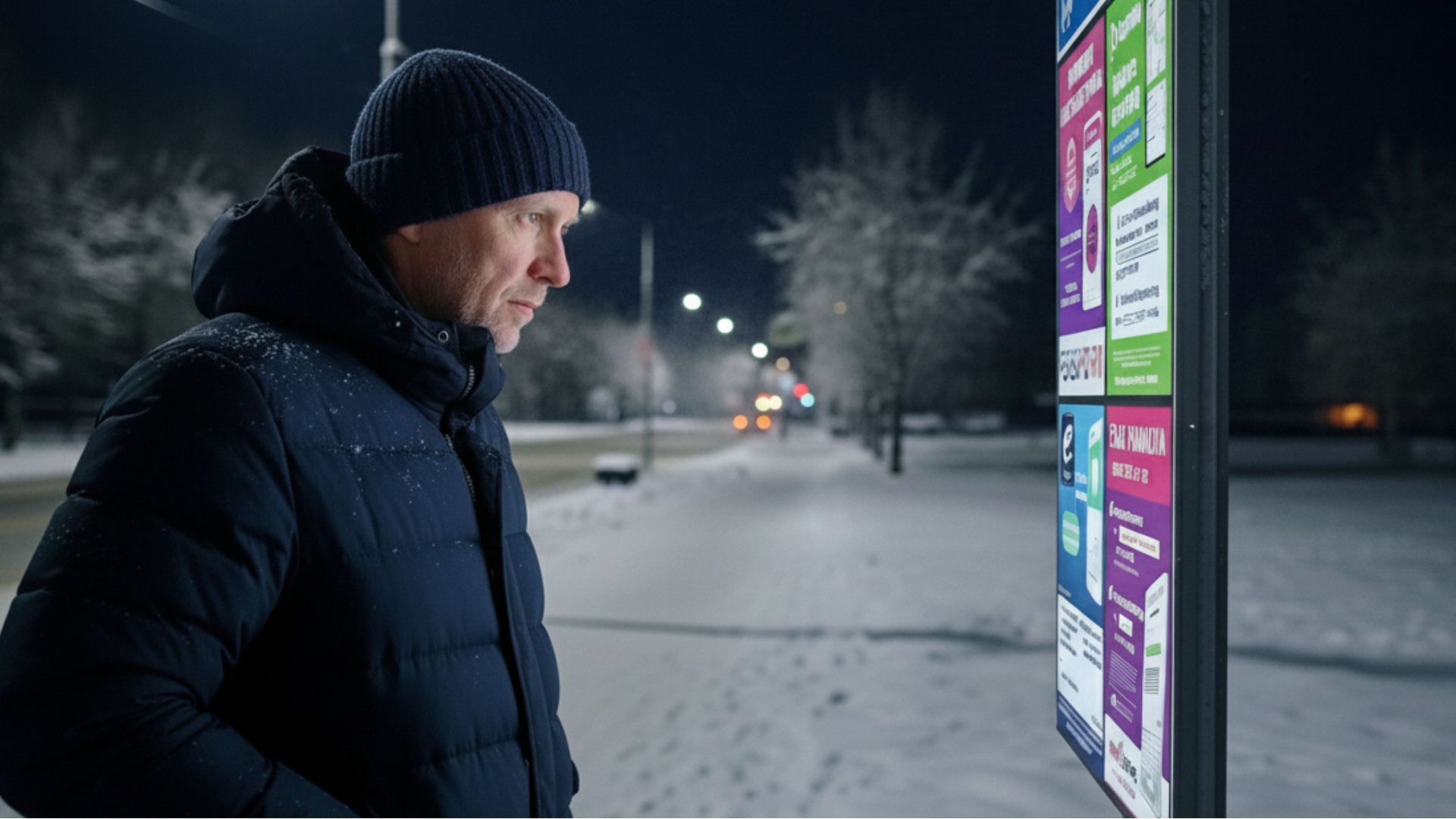 Man looking at parking sign on a snowy street at night